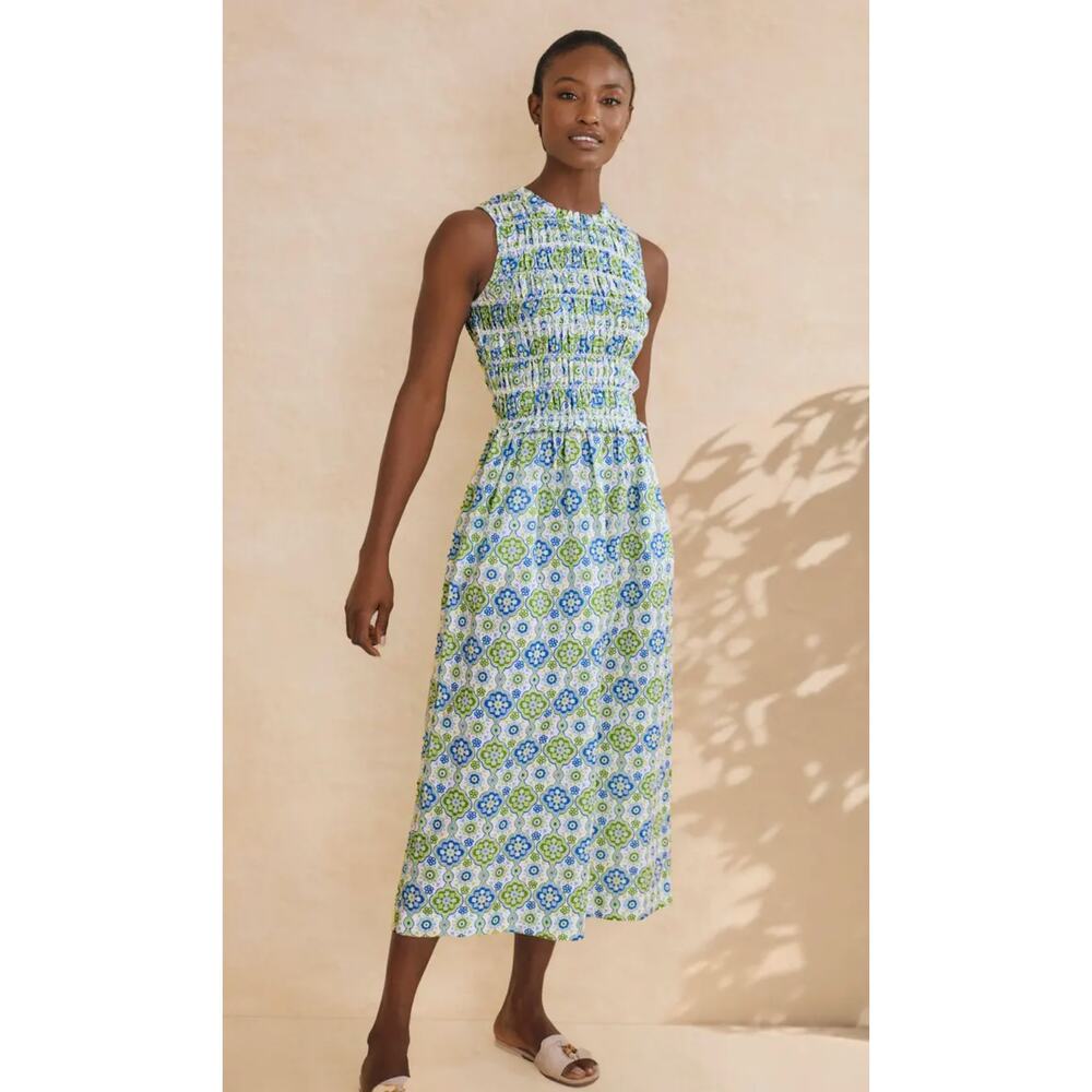 J. McLaughlin Ciri Smocked Sleeveless Midi Dress Linen Cotton Green Blue Print S - Picture 10 of 10